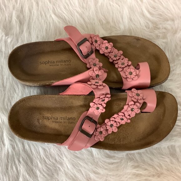 Sophia Milano Pink Leather Toe Loop Floral Flower Cork Bed Sandals 8.5-9 - Picture 4 of 8
